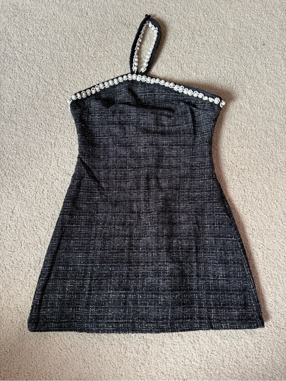 TCEC Black Halter Tweed Mini Dress with Beaded Trim